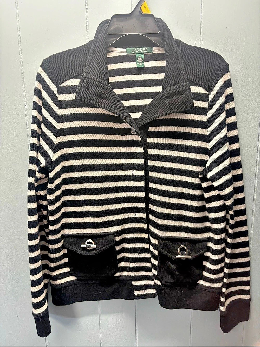 Lauren Ralph Lauren Striped Cotton Cardigan in Black & White Size Medium